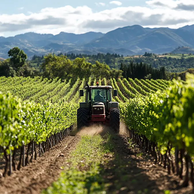 Tractor tilling a vineyard in Sonoma County